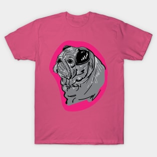 Pug Dog Portrait Sketch on Pink T-Shirt